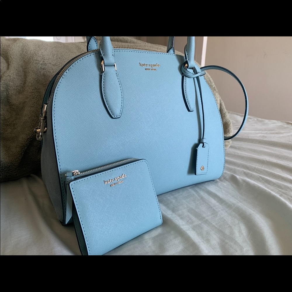 NWT Kate Spade Lg Dome Satchel and matching wallet. Light blue